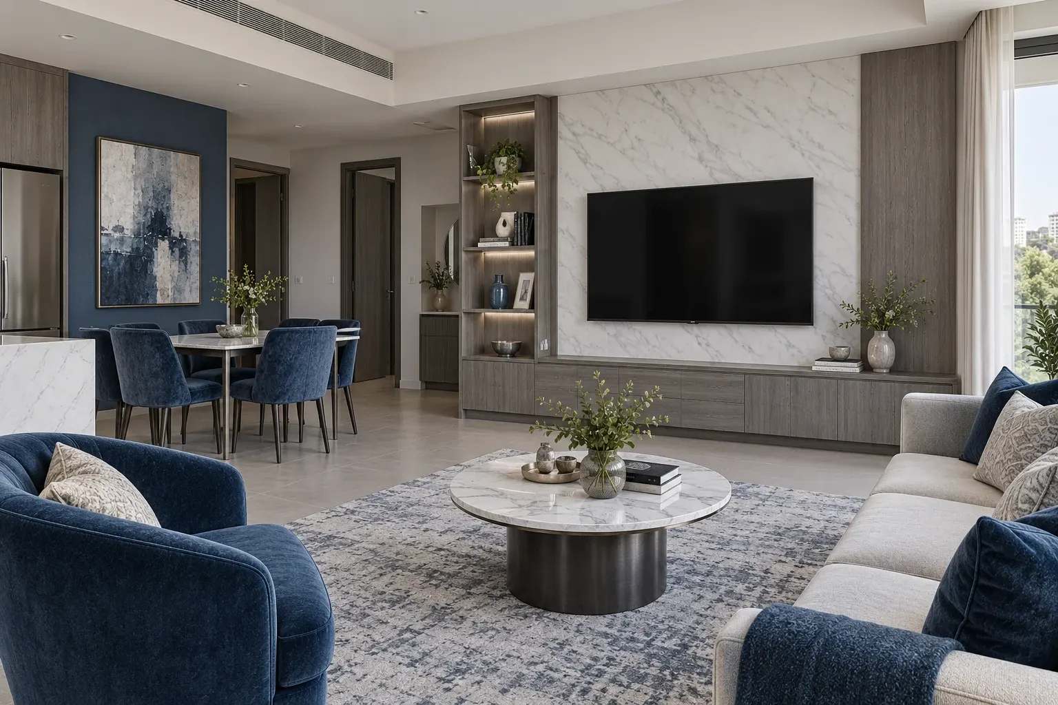 Modern Luxury living-room TV wall in the Sapphire & Silver palette, coordinated with the main living-space view