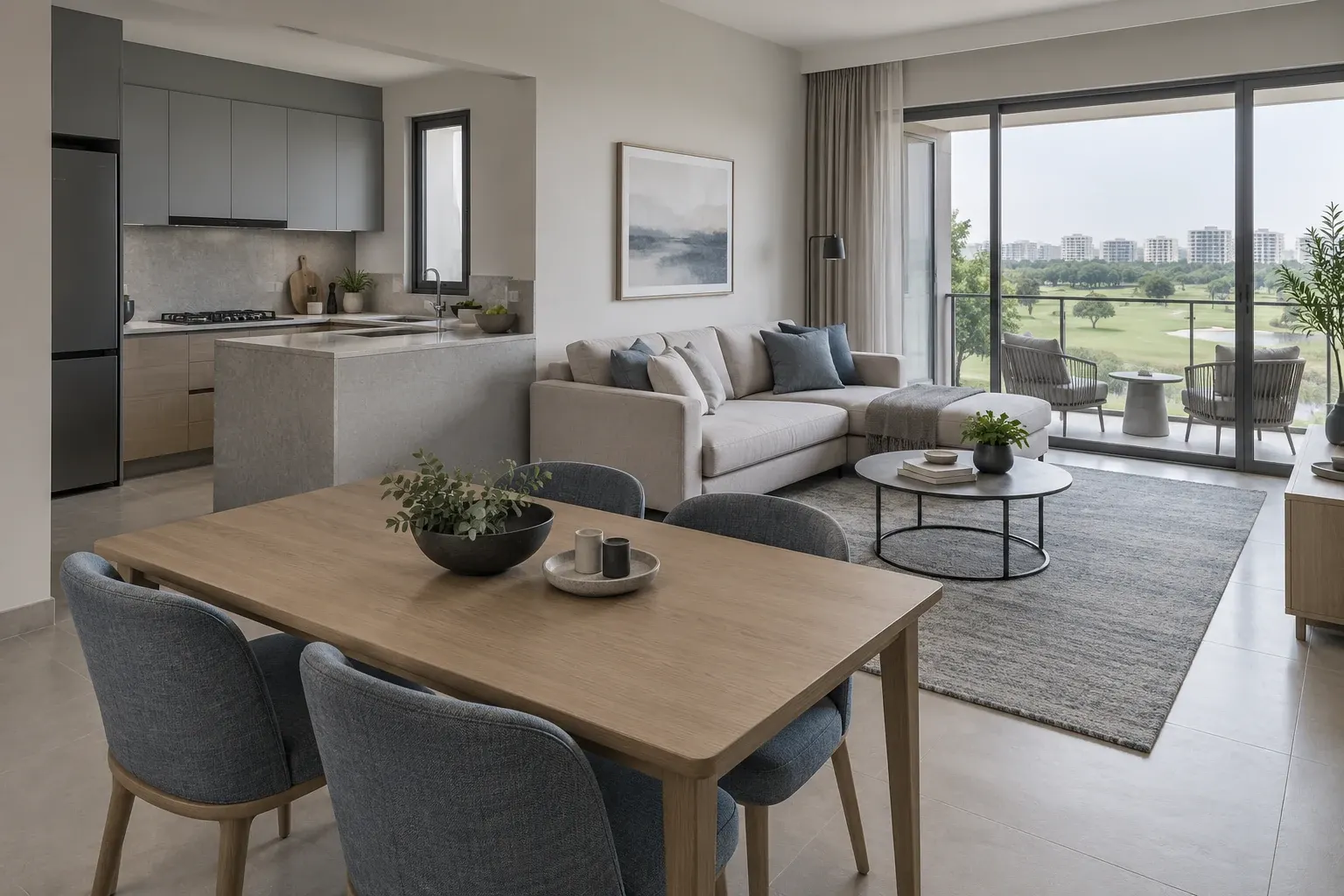 Stone & Slate palette illustrated across a Modern Contemporary living, dining and kitchen interior