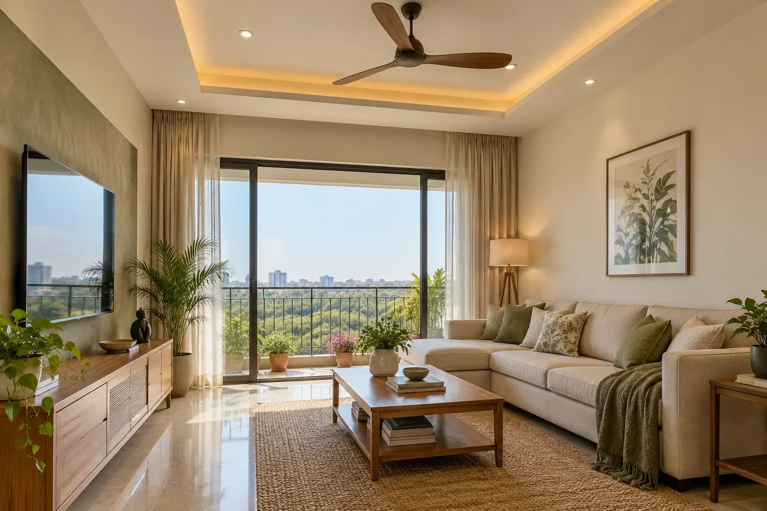 A shallow perimeter false ceiling with warm cove lighting in a bright apartment