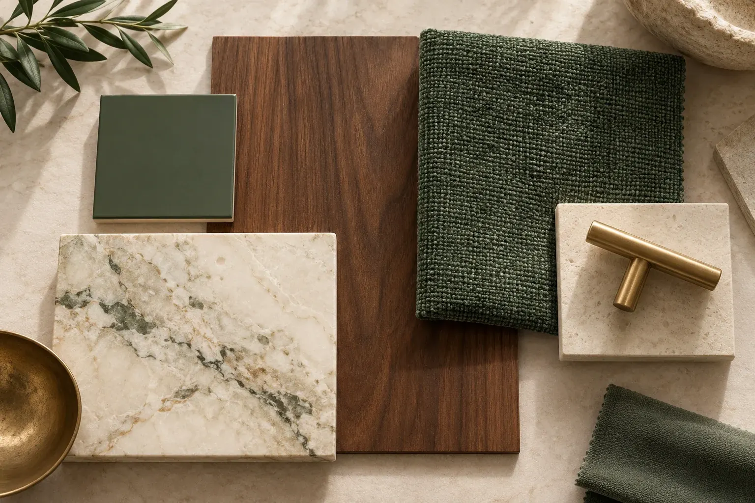 Forest & Brass moodboard showing coordinated timber, fabric, stone and finish samples
