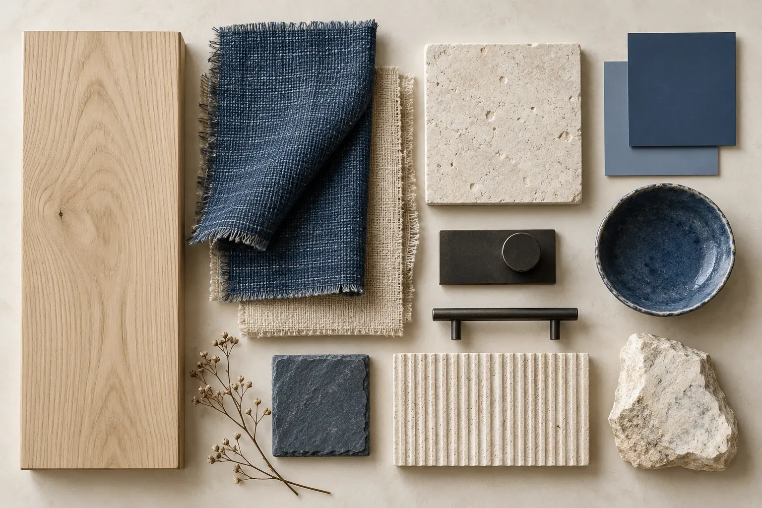 Indigo & Flax moodboard showing coordinated timber, fabric, stone and finish samples