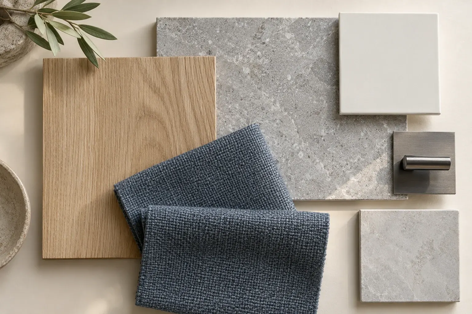 Stone & Slate moodboard showing coordinated timber, fabric, stone and finish samples
