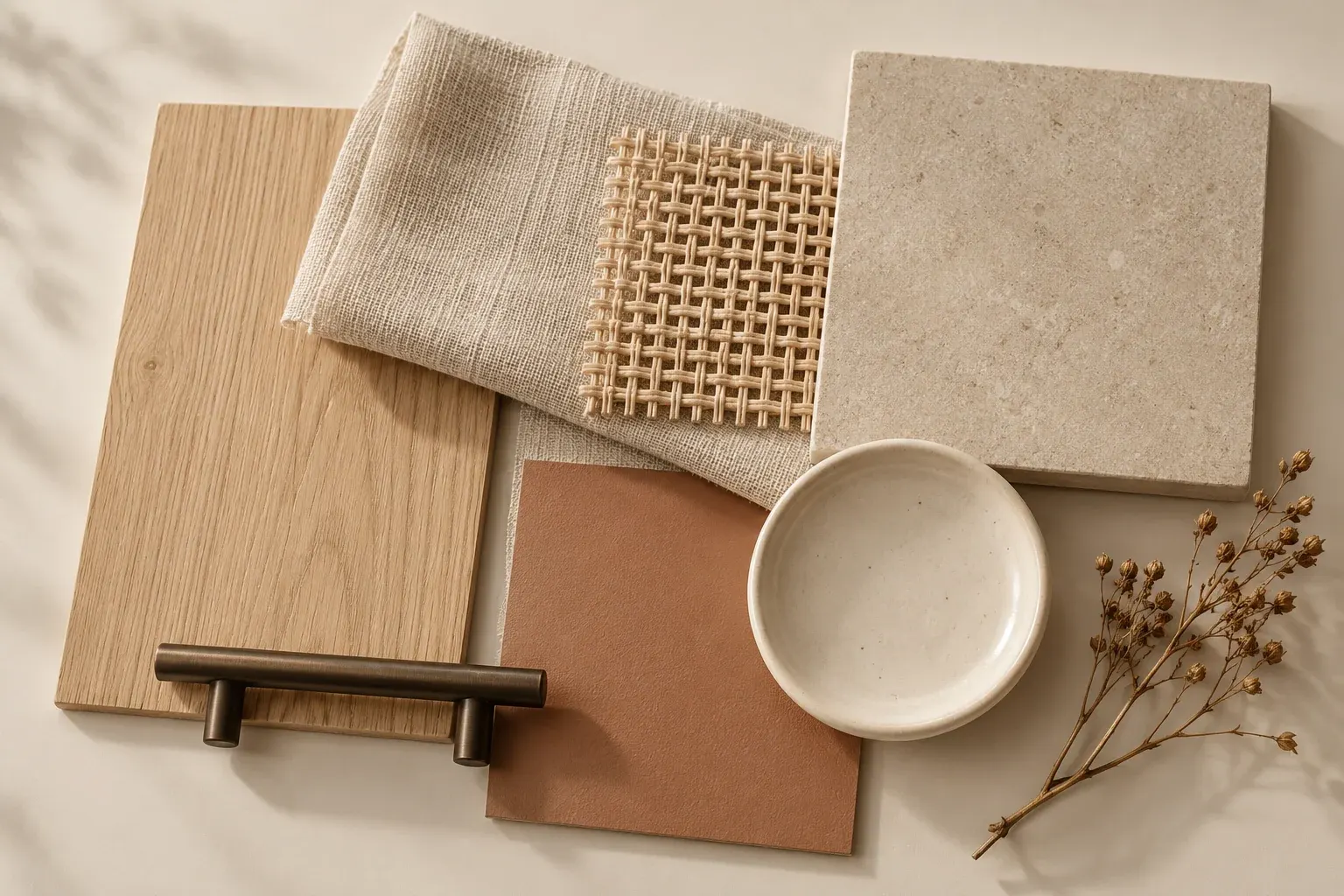Clay & Linen moodboard showing coordinated timber, fabric, stone and finish samples