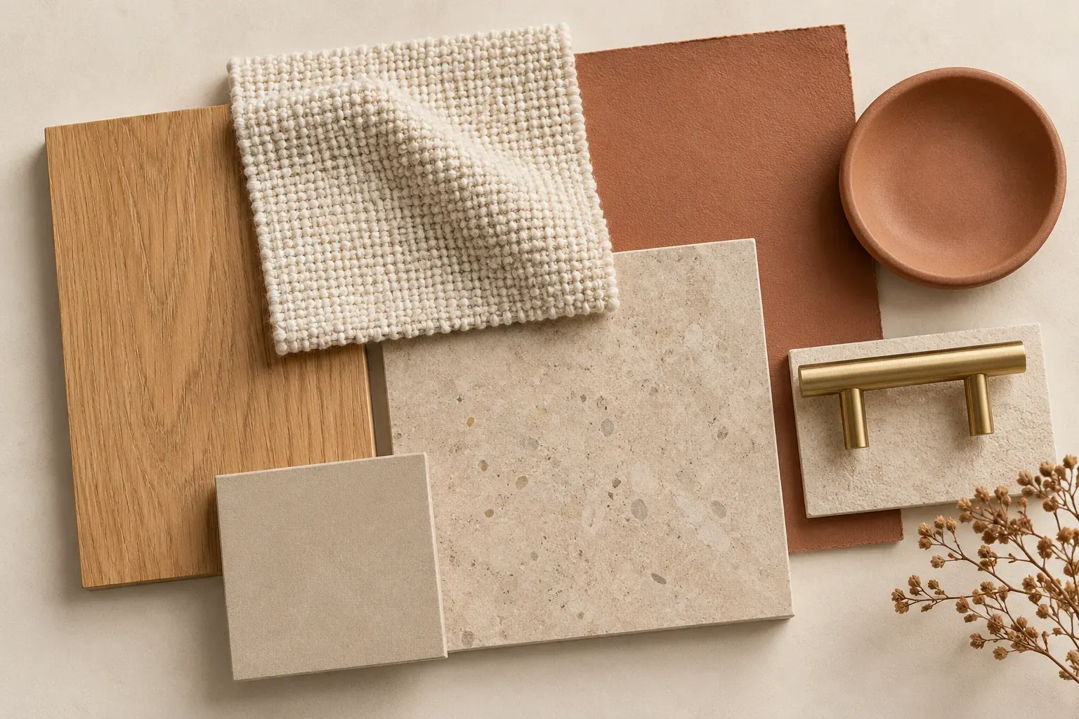 Sand & Clay moodboard showing coordinated timber, fabric, stone and finish samples