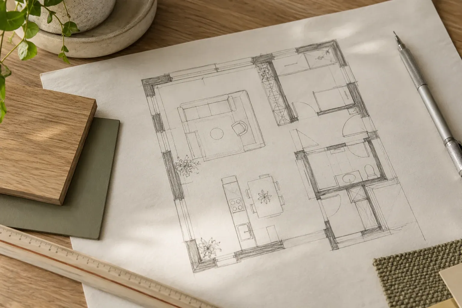 An apartment floor plan, ruler and material samples on a design desk