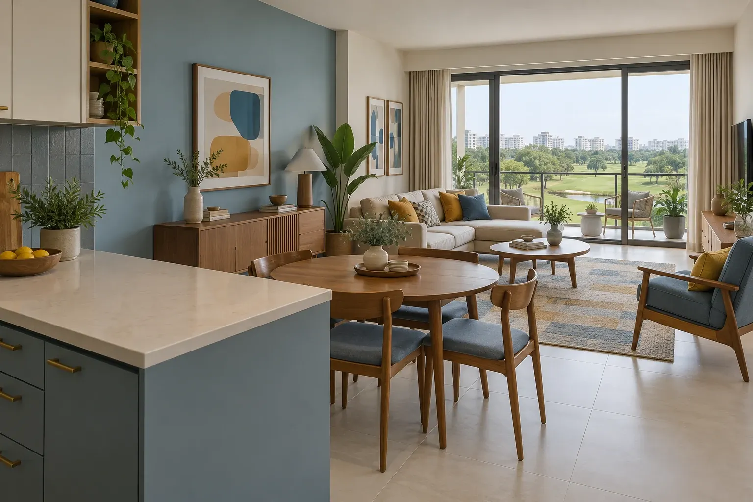 Blue & Honey palette illustrated across a Mid-Century Modern living, dining and kitchen interior
