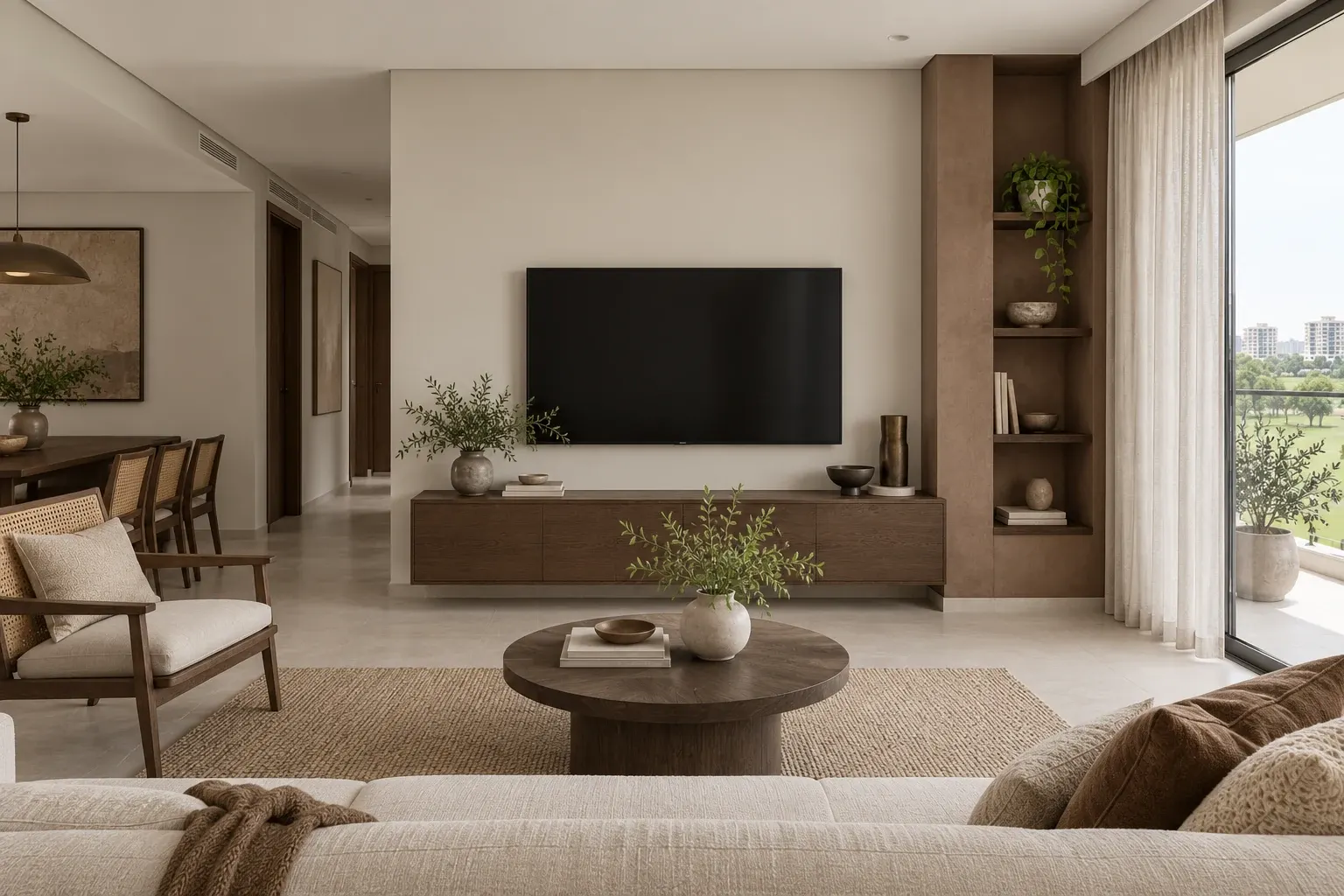Japandi living-room TV wall in the Umber & Rice palette, coordinated with the main living-space view