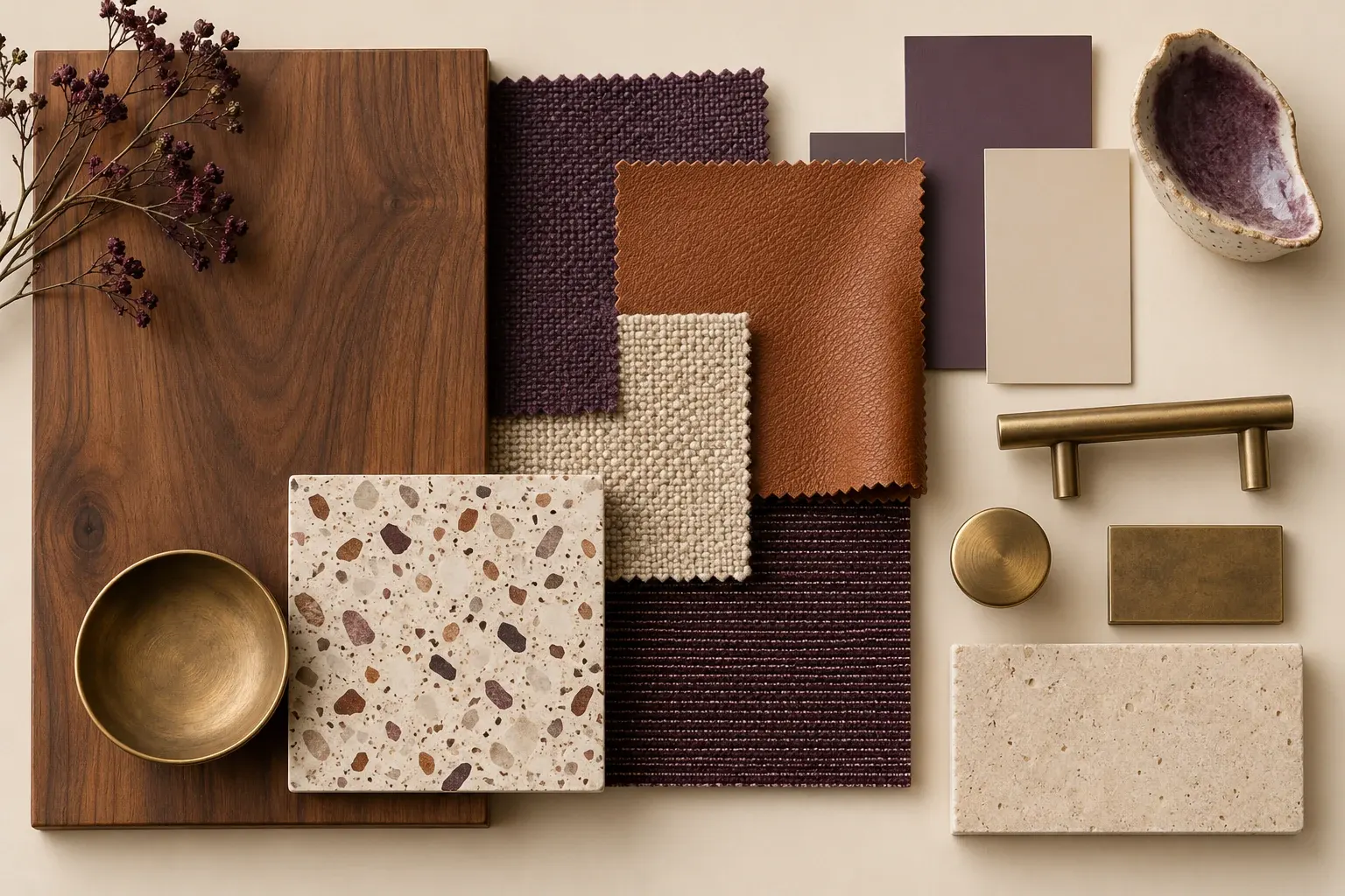 Aubergine & Cognac moodboard showing coordinated timber, fabric, stone and finish samples