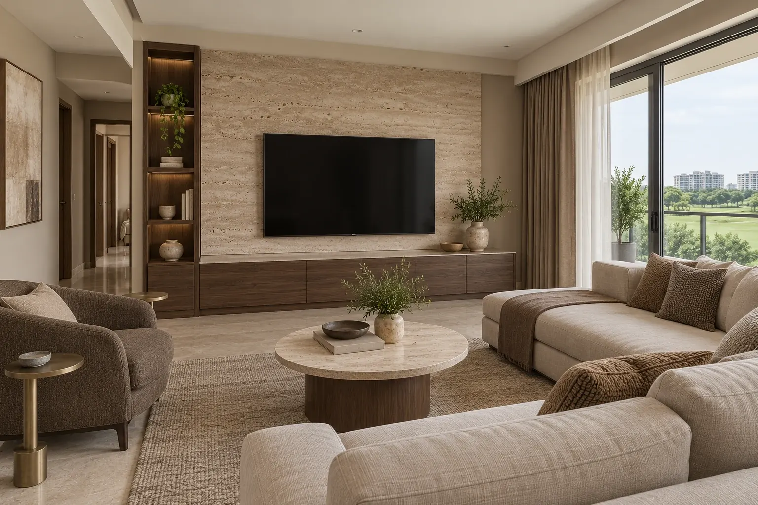 Modern Luxury living-room TV wall in the Mocha & Stone palette, coordinated with the main living-space view