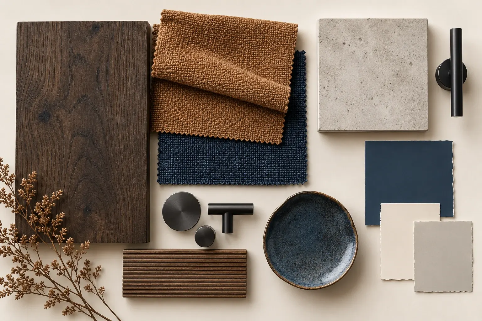 Ink & Caramel moodboard showing coordinated timber, fabric, stone and finish samples