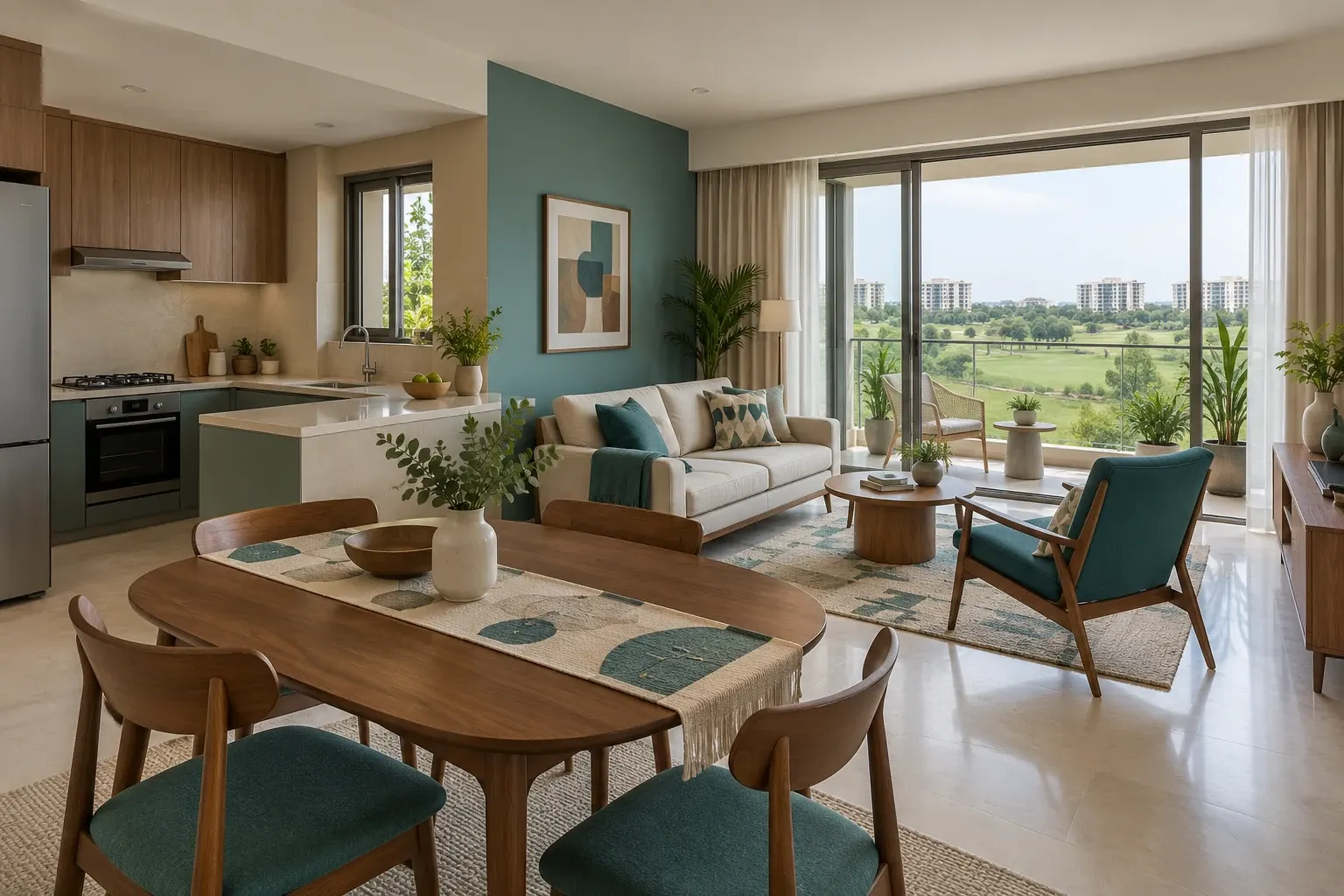 Teal & Walnut palette illustrated across a Mid-Century Modern living, dining and kitchen interior