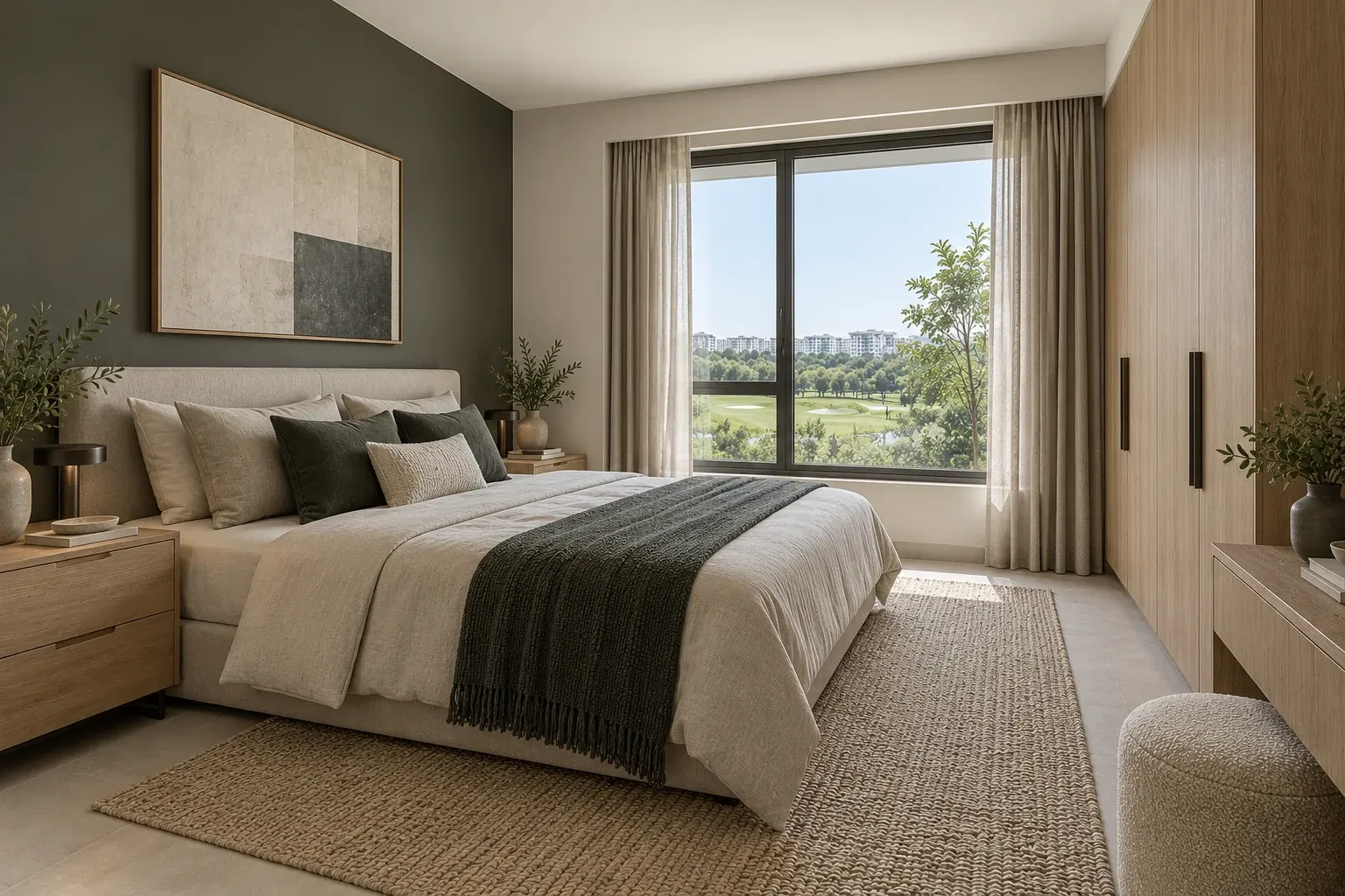 Japandi bedroom in the Chalk & Charcoal palette, coordinated with the main living-space view