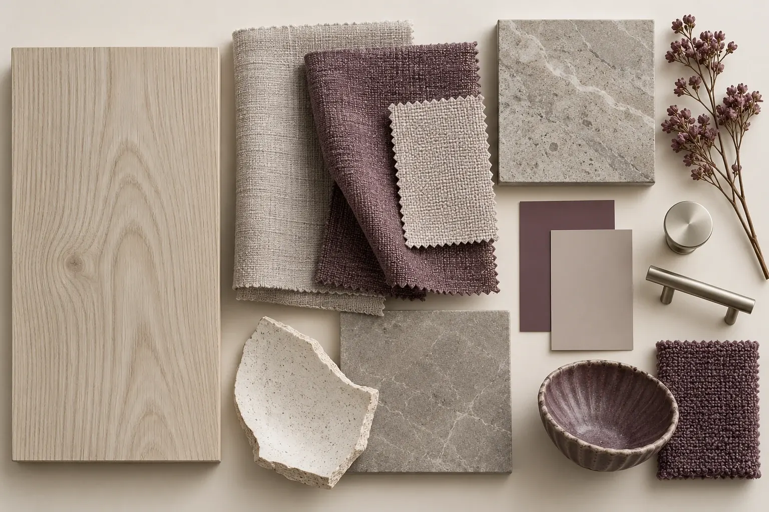 Plum & Putty moodboard showing coordinated timber, fabric, stone and finish samples