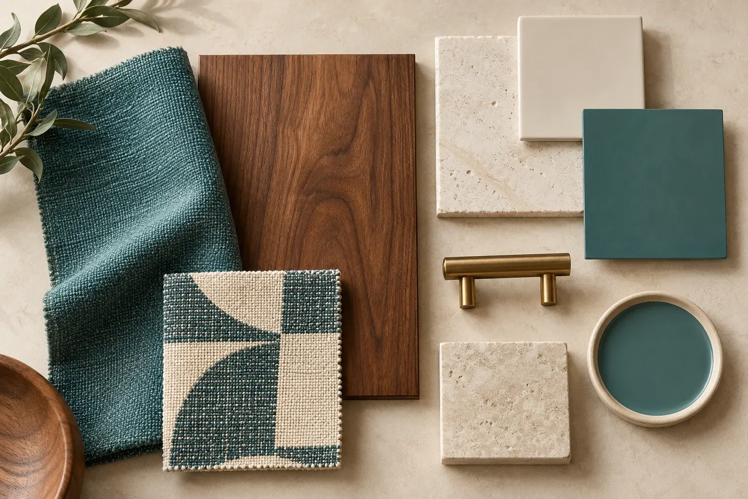 Teal & Walnut moodboard showing coordinated timber, fabric, stone and finish samples