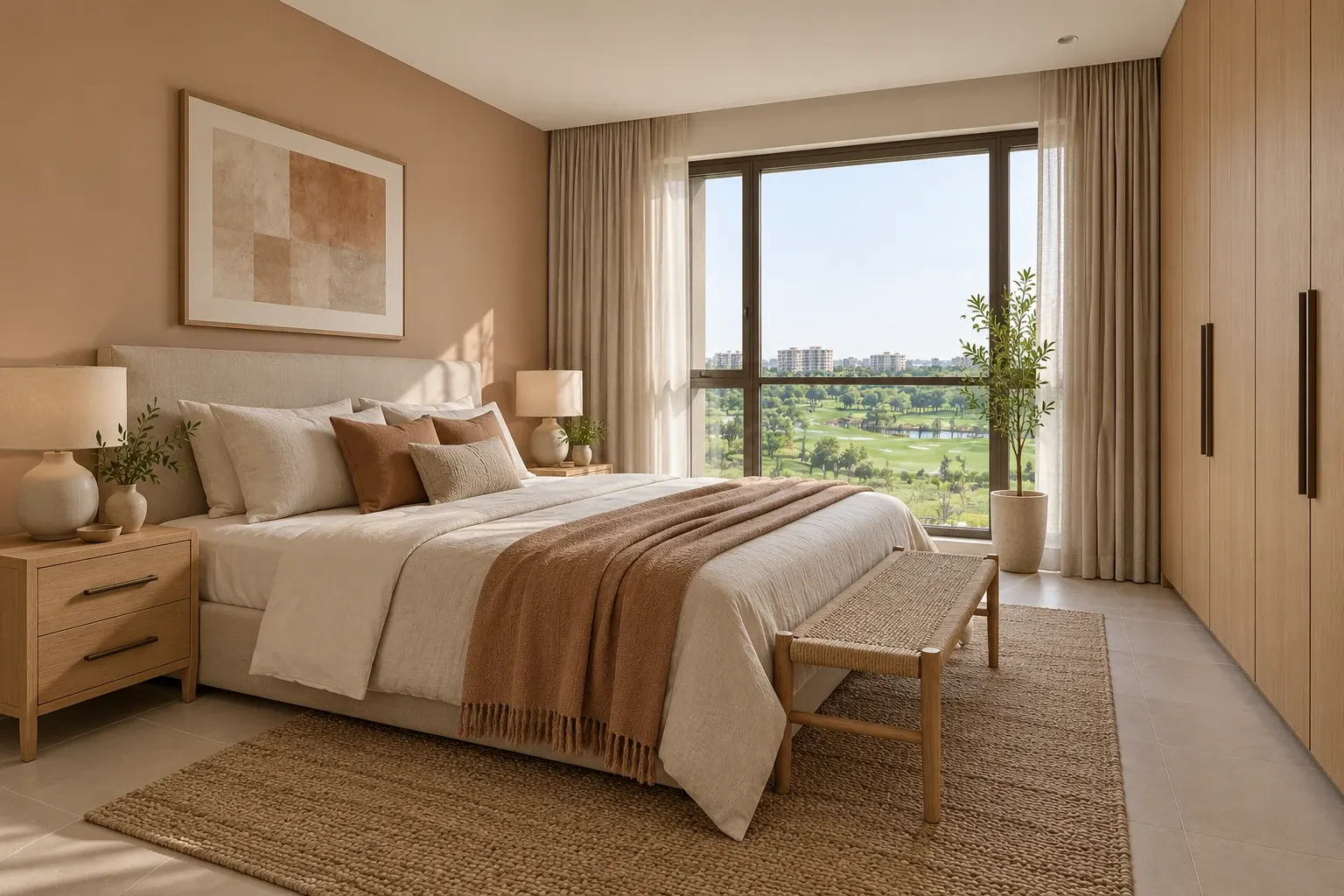 Japandi bedroom in the Clay & Linen palette, coordinated with the main living-space view