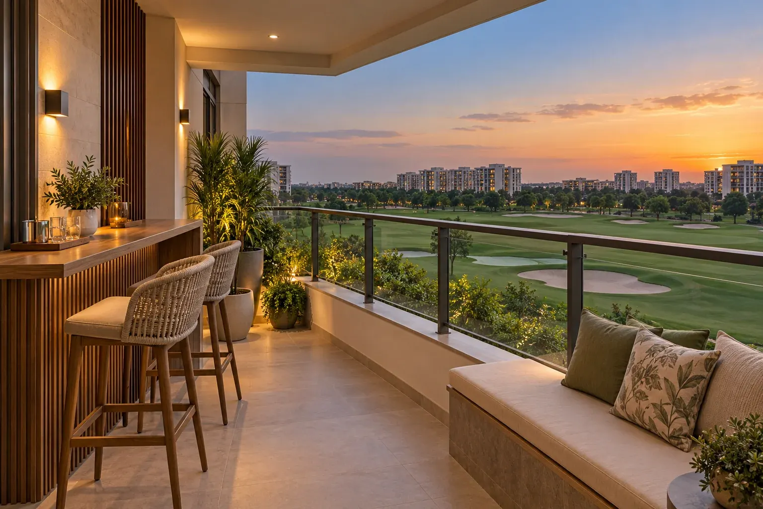 A golf-facing condo terrace with a compact outdoor bar, seating and warm evening lighting
