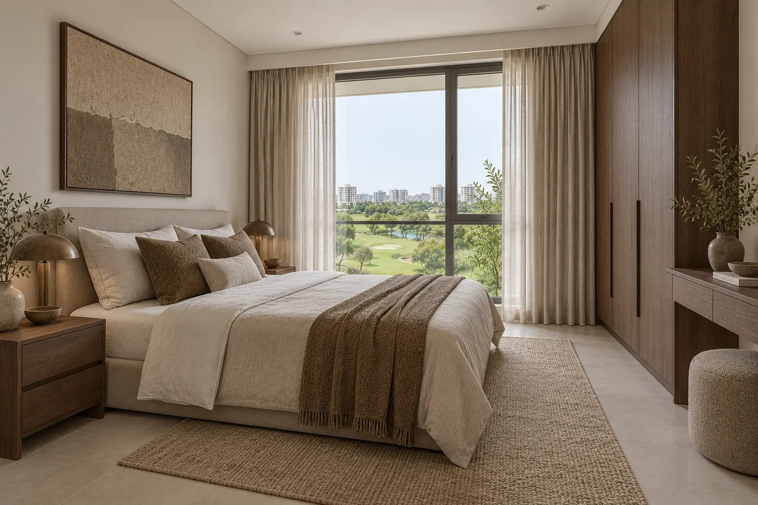 Japandi bedroom in the Umber & Rice palette, coordinated with the main living-space view