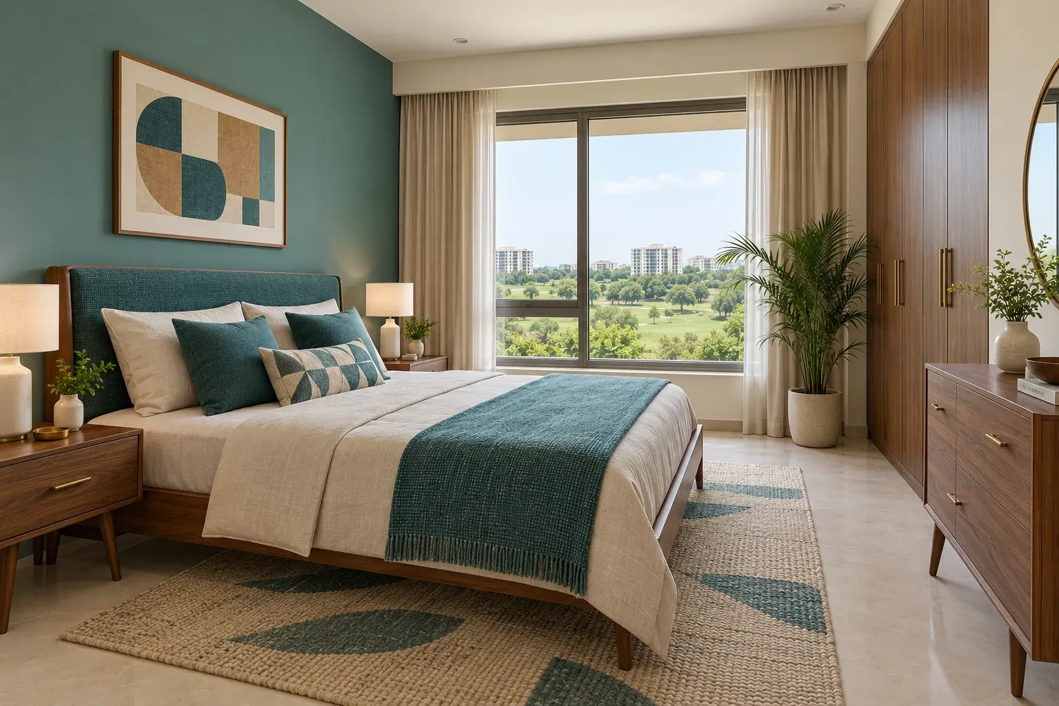 Mid-Century Modern bedroom in the Teal & Walnut palette, coordinated with the main living-space view