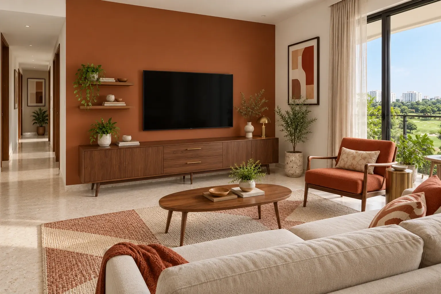 Mid-Century Modern living-room TV wall in the Rust & Cream palette, coordinated with the main living-space view