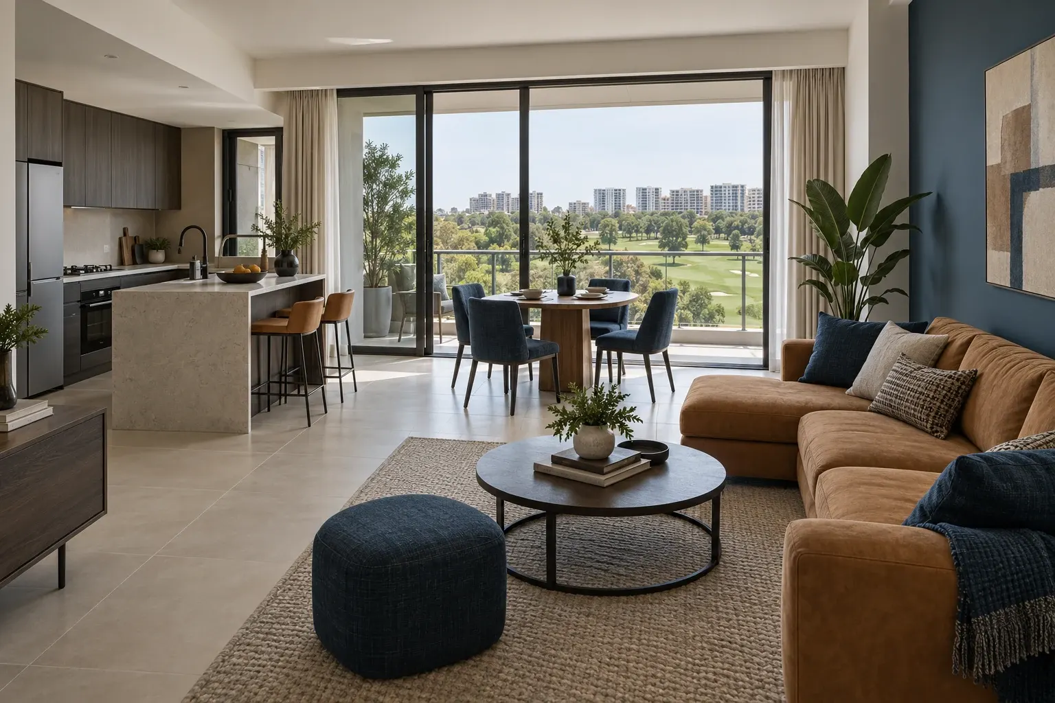 Ink & Caramel palette illustrated across a Modern Contemporary living, dining and kitchen interior