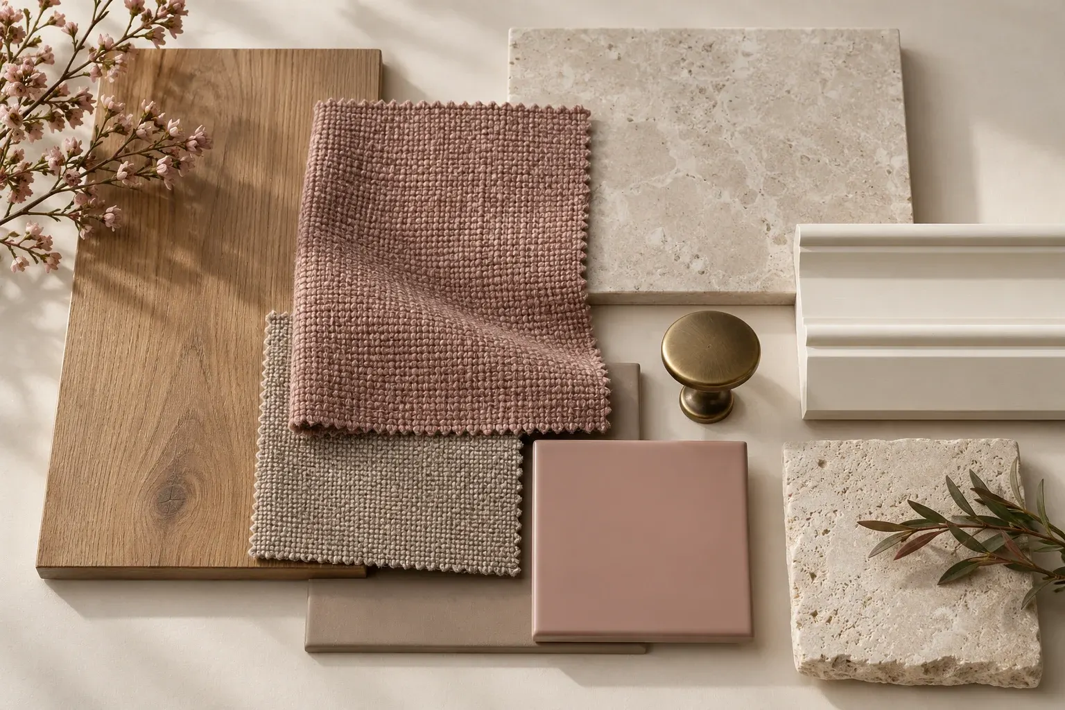 Taupe & Rose moodboard showing coordinated timber, fabric, stone and finish samples