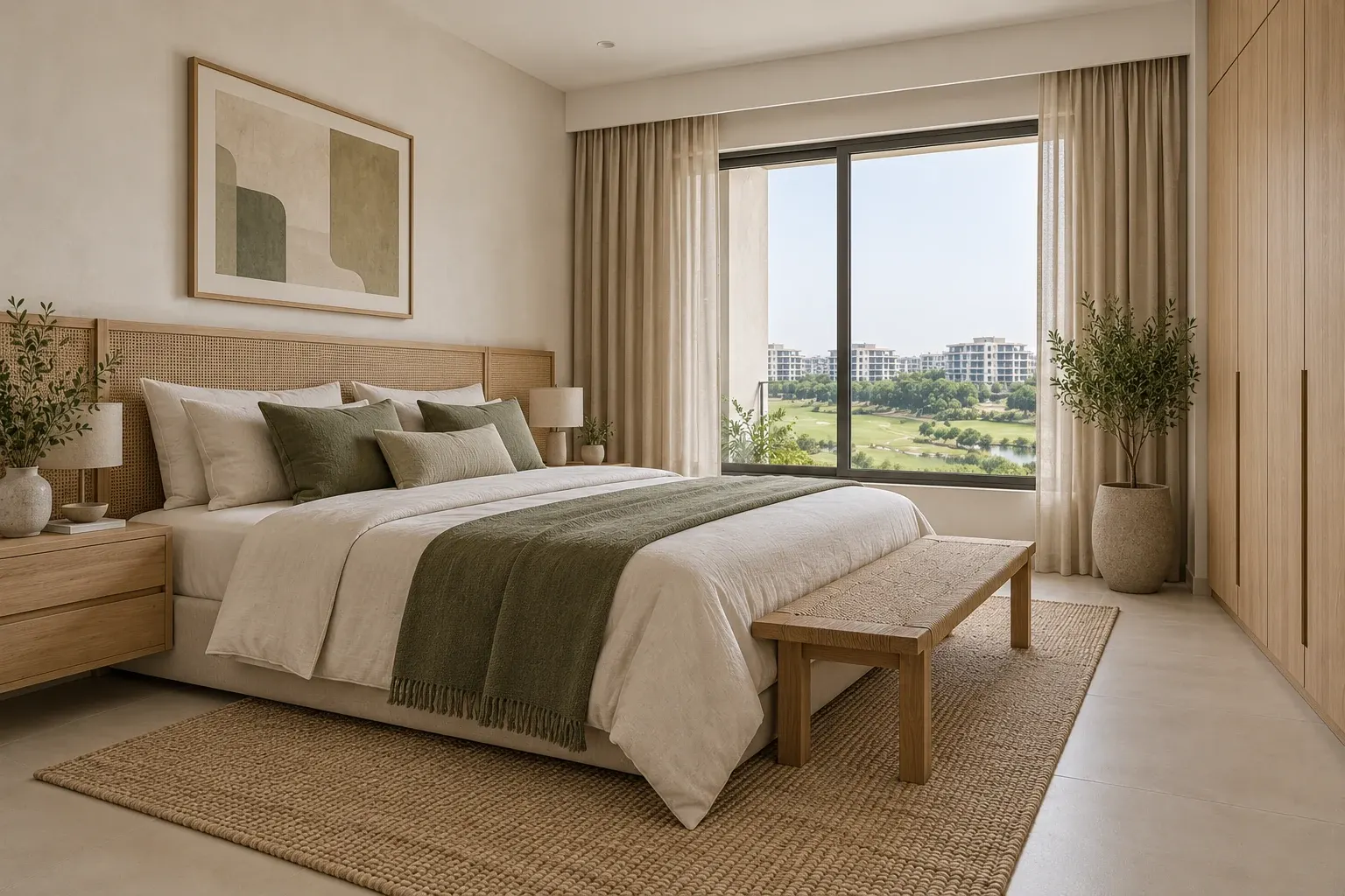 Japandi bedroom with natural oak, linen and restrained olive textiles