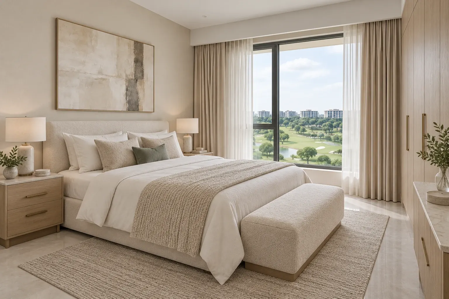 Modern Luxury bedroom in the Pearl & Champagne palette, coordinated with the main living-space view