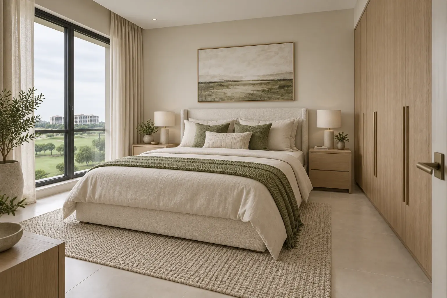 Modern Contemporary bedroom in light oak, ivory textiles and muted olive accents