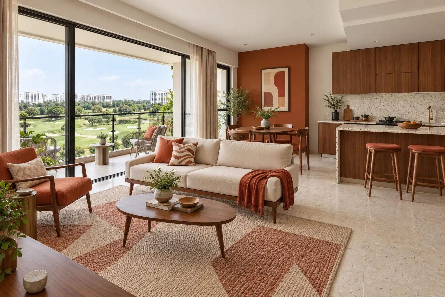 Rust & Cream palette illustrated across a Mid-Century Modern living, dining and kitchen interior
