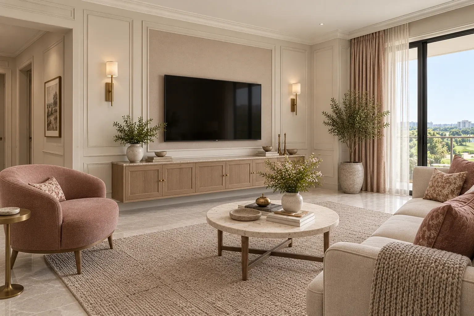 Modern Classic living-room TV wall in the Taupe & Rose palette, coordinated with the main living-space view
