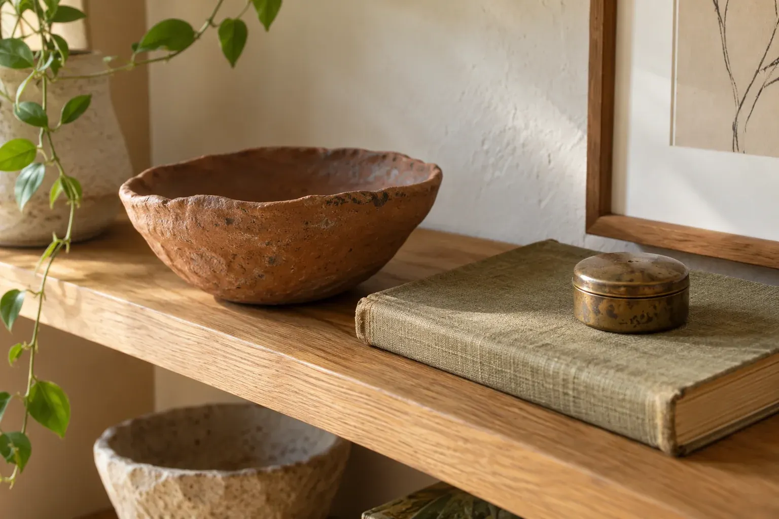 Personal collected objects with handmade ceramics and warm patina