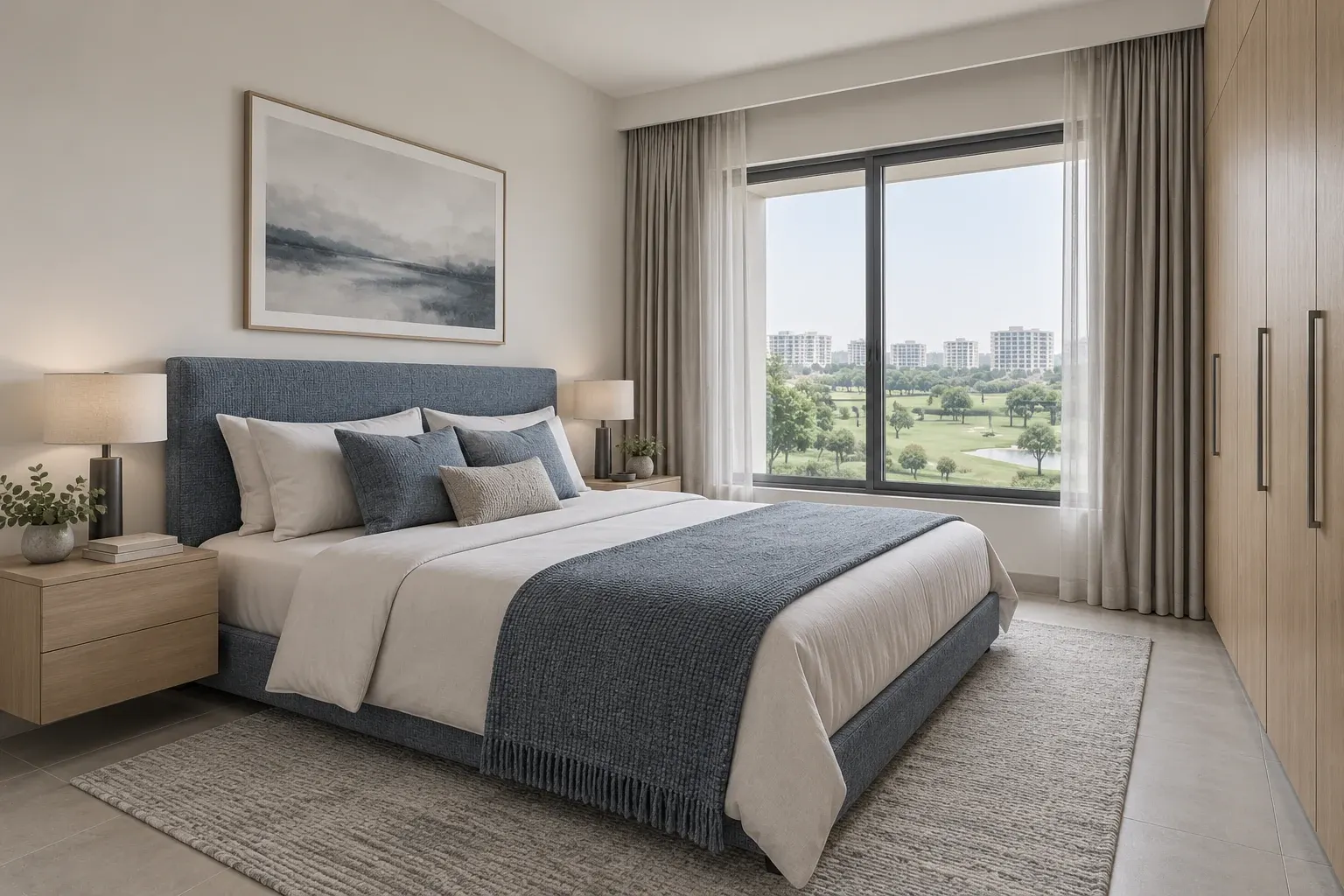Modern Contemporary bedroom in the Stone & Slate palette, coordinated with the main living-space view
