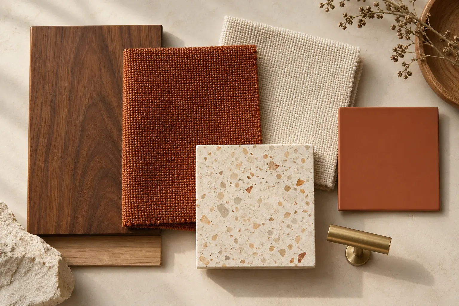 Rust & Cream moodboard showing coordinated timber, fabric, stone and finish samples