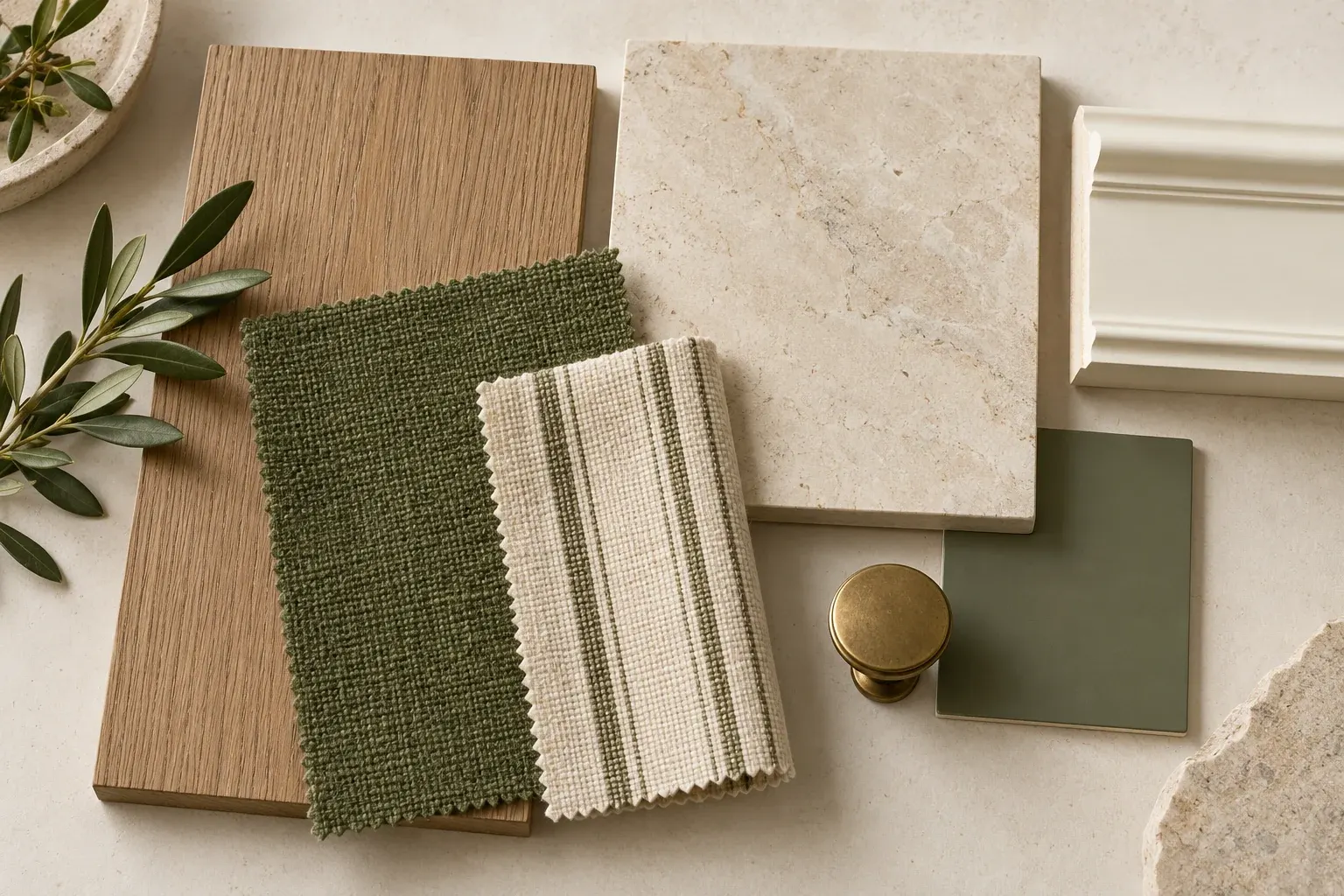 Olive & Ivory moodboard showing coordinated timber, fabric, stone and finish samples