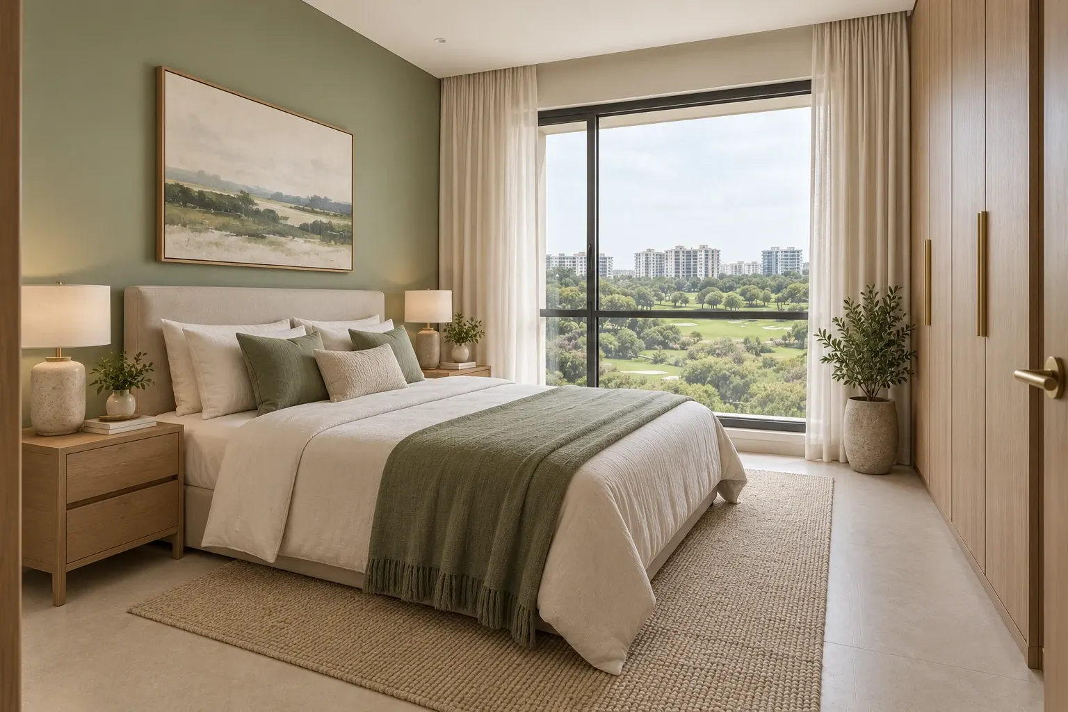 Modern Contemporary bedroom in the Sage & Oak palette, coordinated with the main living-space view