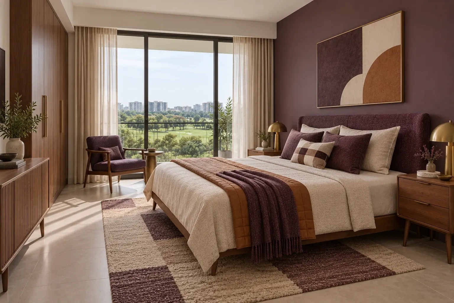 Mid-Century Modern bedroom in the Aubergine & Cognac palette, coordinated with the main living-space view