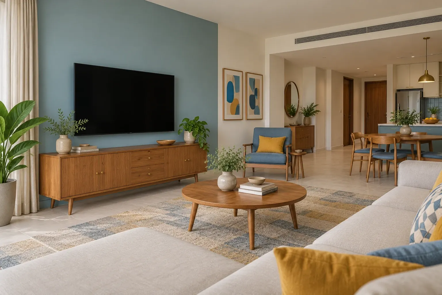Mid-Century Modern living-room TV wall in the Blue & Honey palette, coordinated with the main living-space view