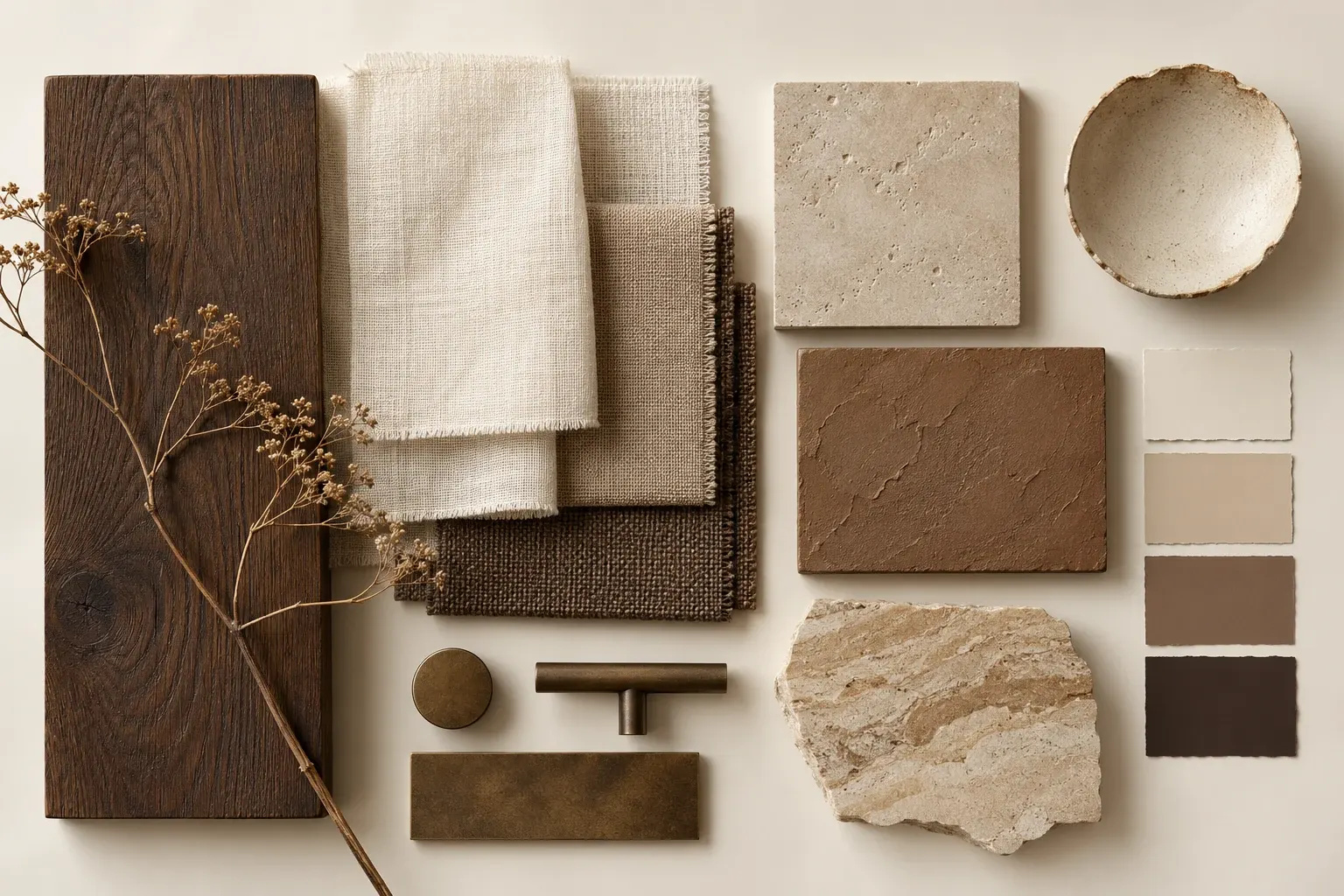 Umber & Rice moodboard showing coordinated timber, fabric, stone and finish samples