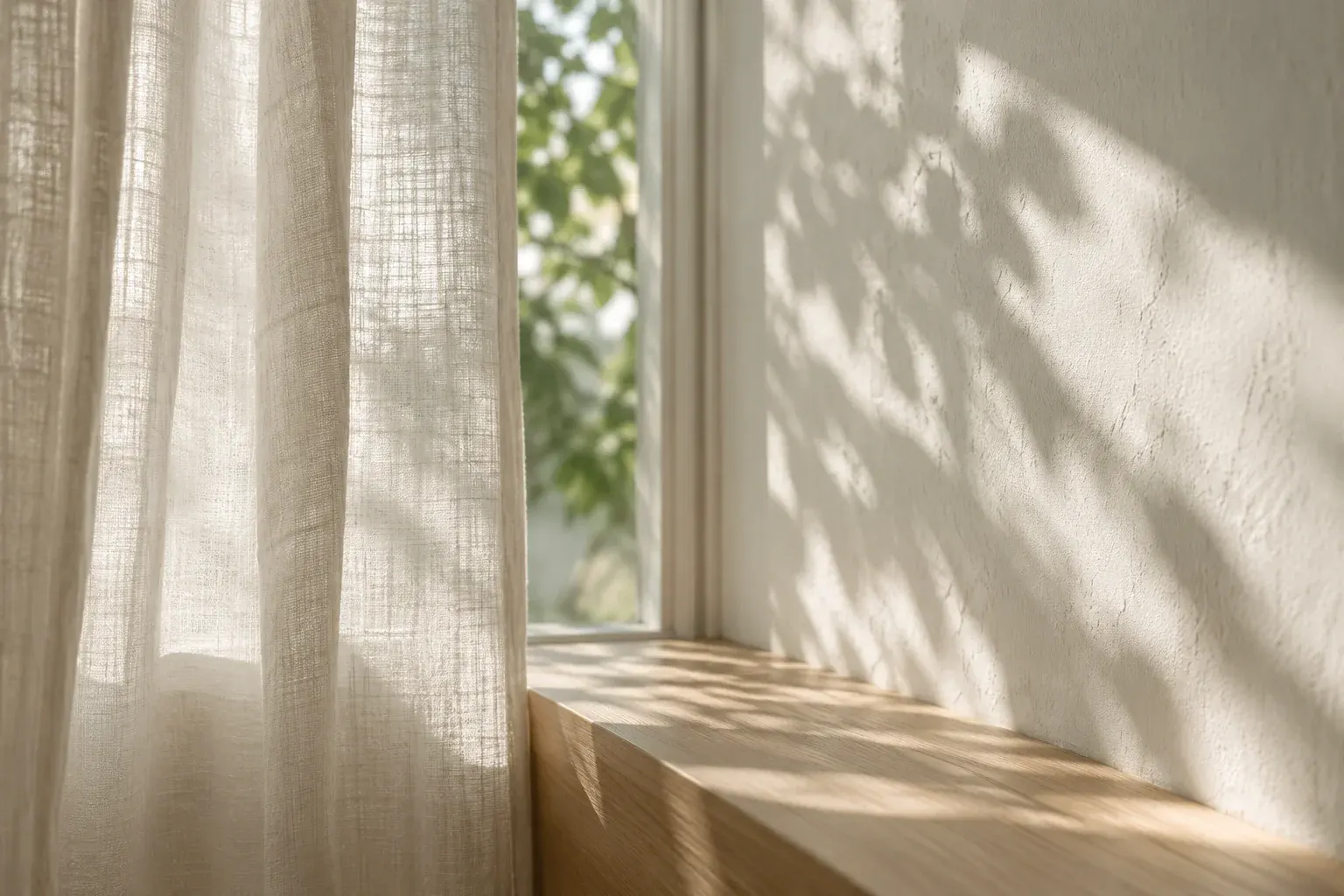 Filtered daylight through a linen curtain beside an ivory wall
