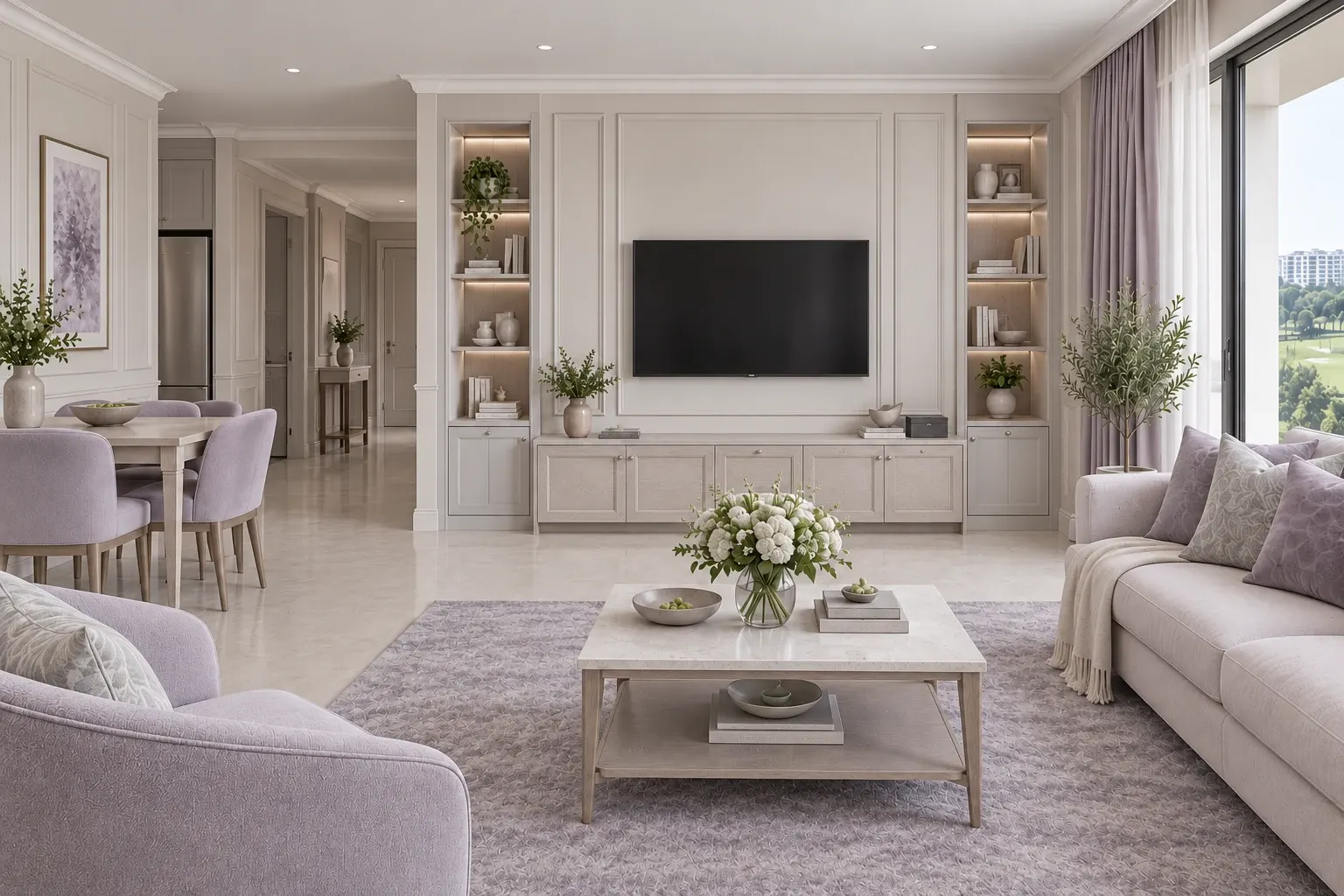 Modern Classic living-room TV wall in the Lilac & Pewter palette, coordinated with the main living-space view