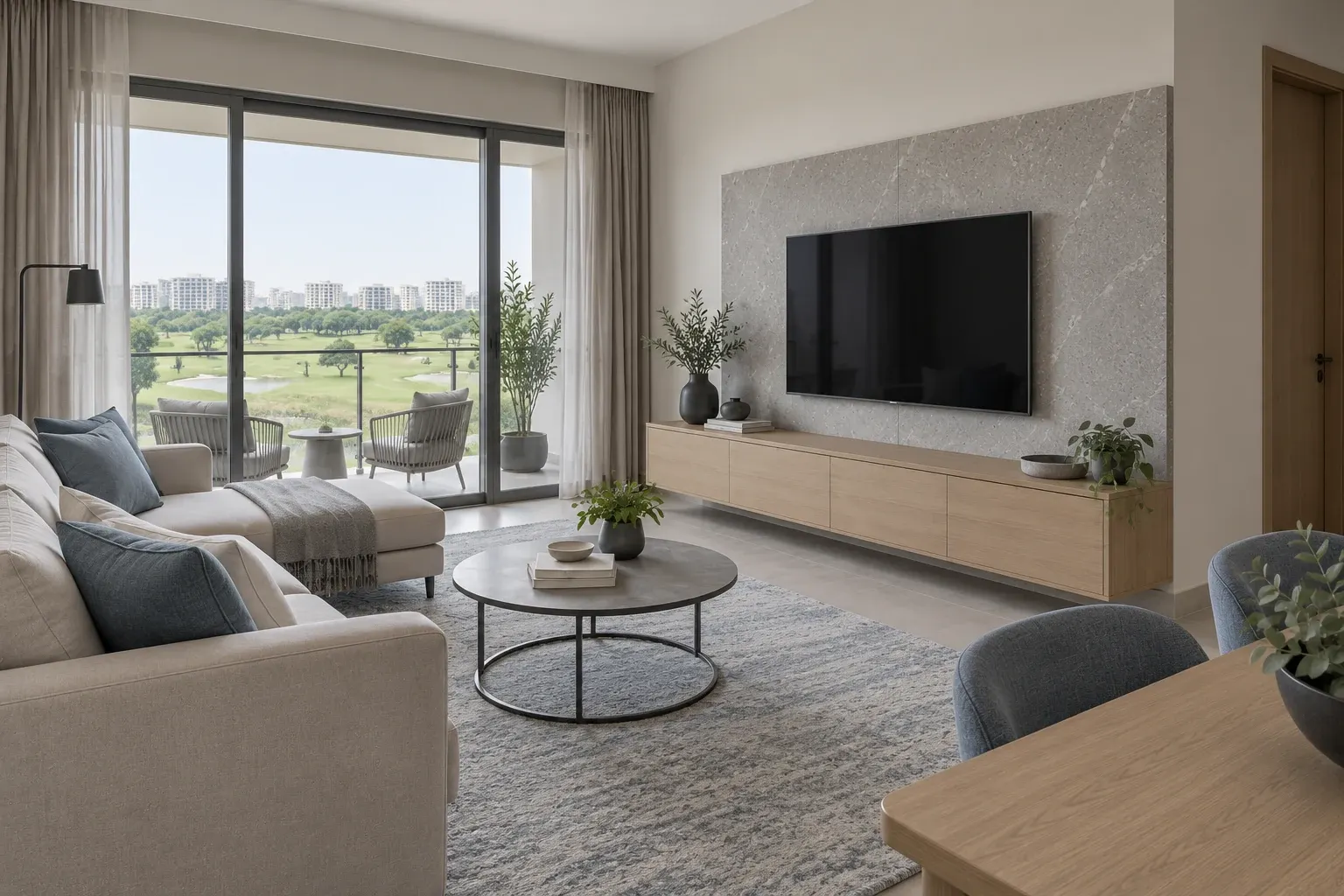 Modern Contemporary living-room TV wall in the Stone & Slate palette, coordinated with the main living-space view
