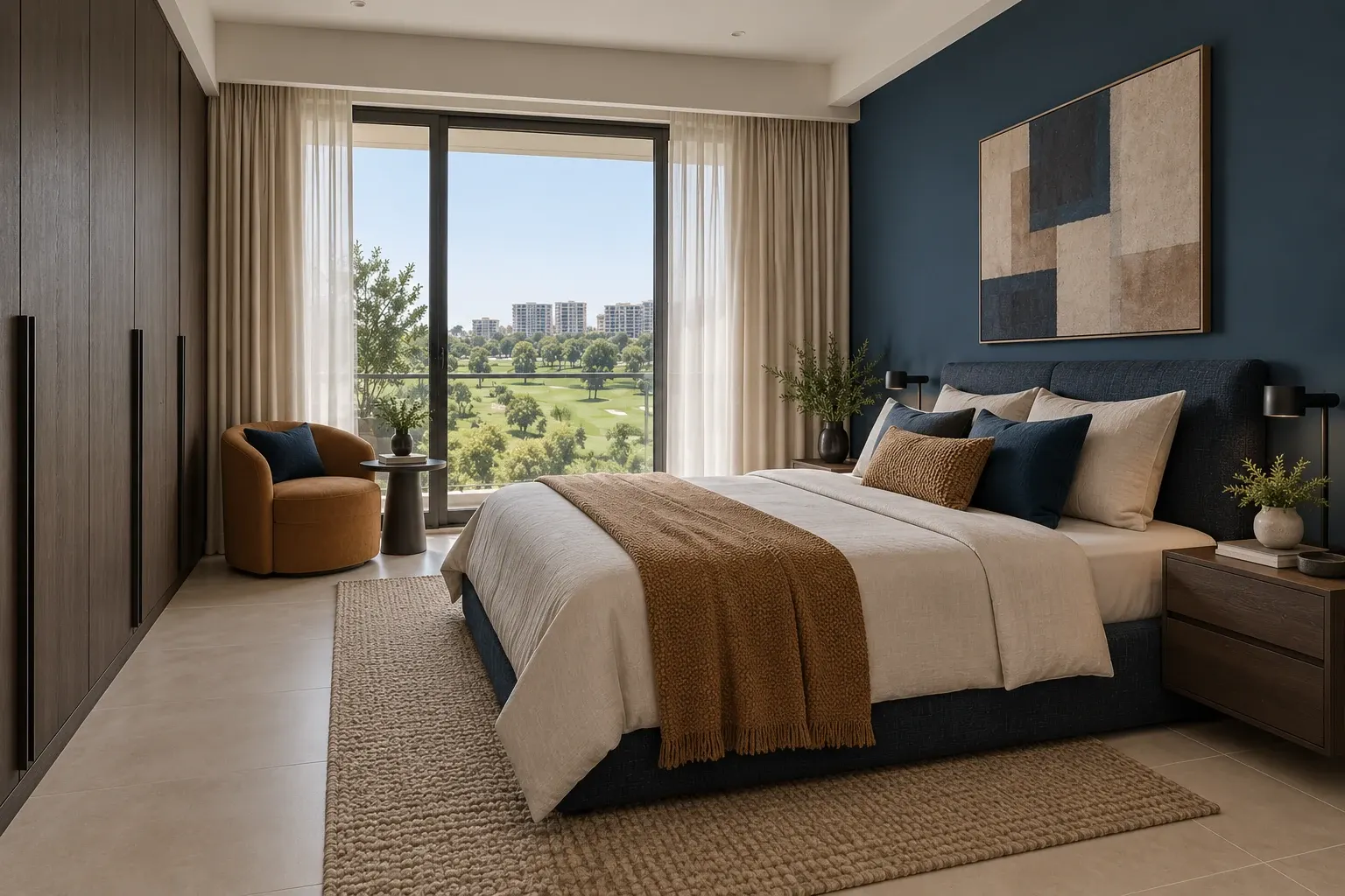 Modern Contemporary bedroom in the Ink & Caramel palette, coordinated with the main living-space view