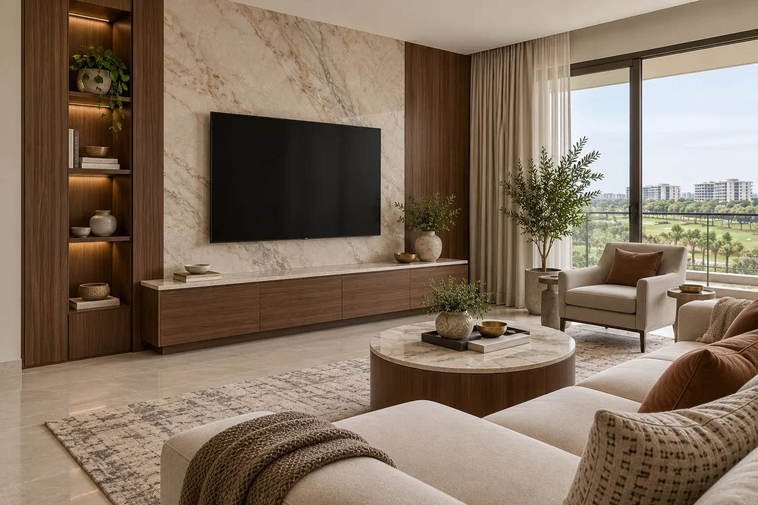 Modern Luxury TV wall in walnut, ivory stone and restrained metallic detailing