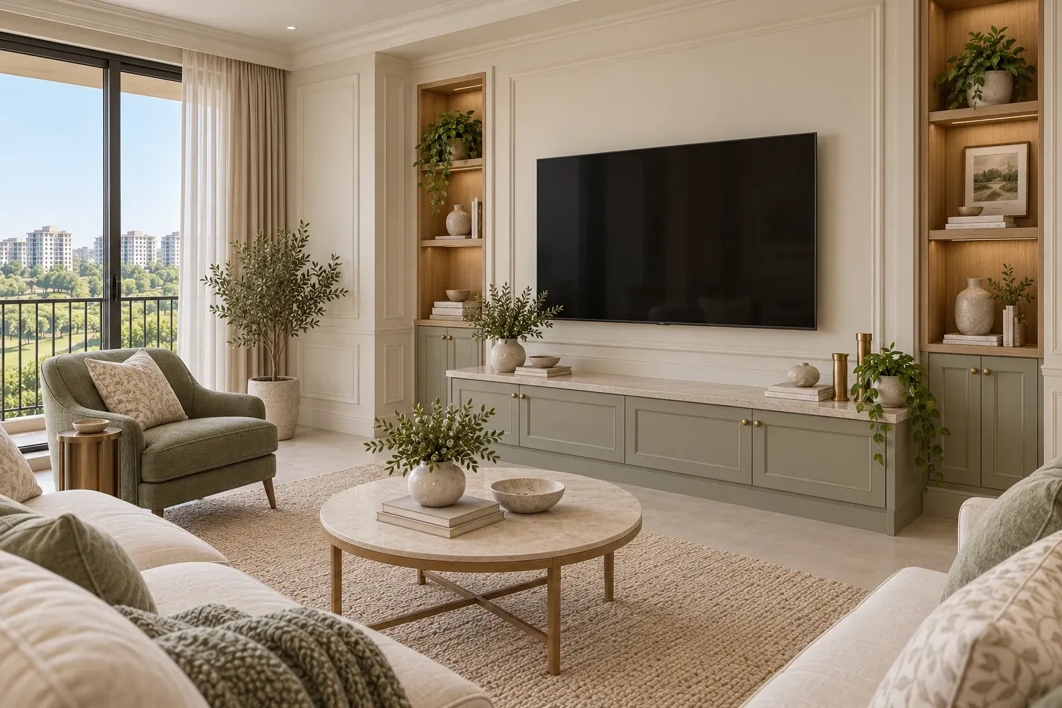 Modern Classic TV wall with restrained ivory mouldings, sage storage and oak details