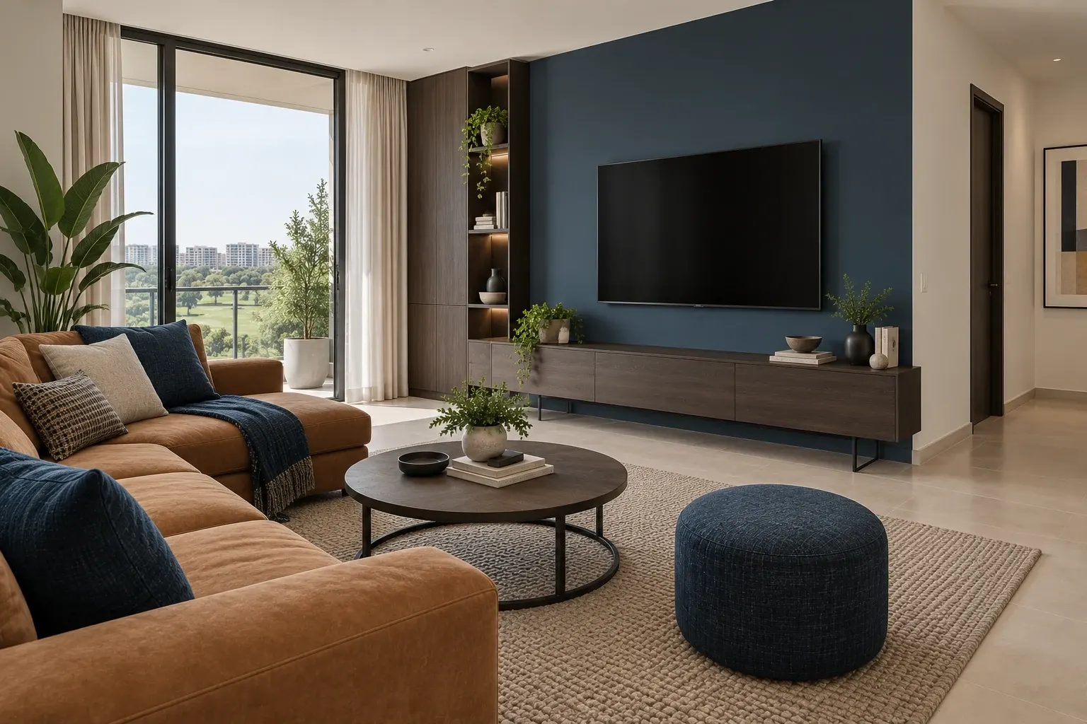Modern Contemporary living-room TV wall in the Ink & Caramel palette, coordinated with the main living-space view