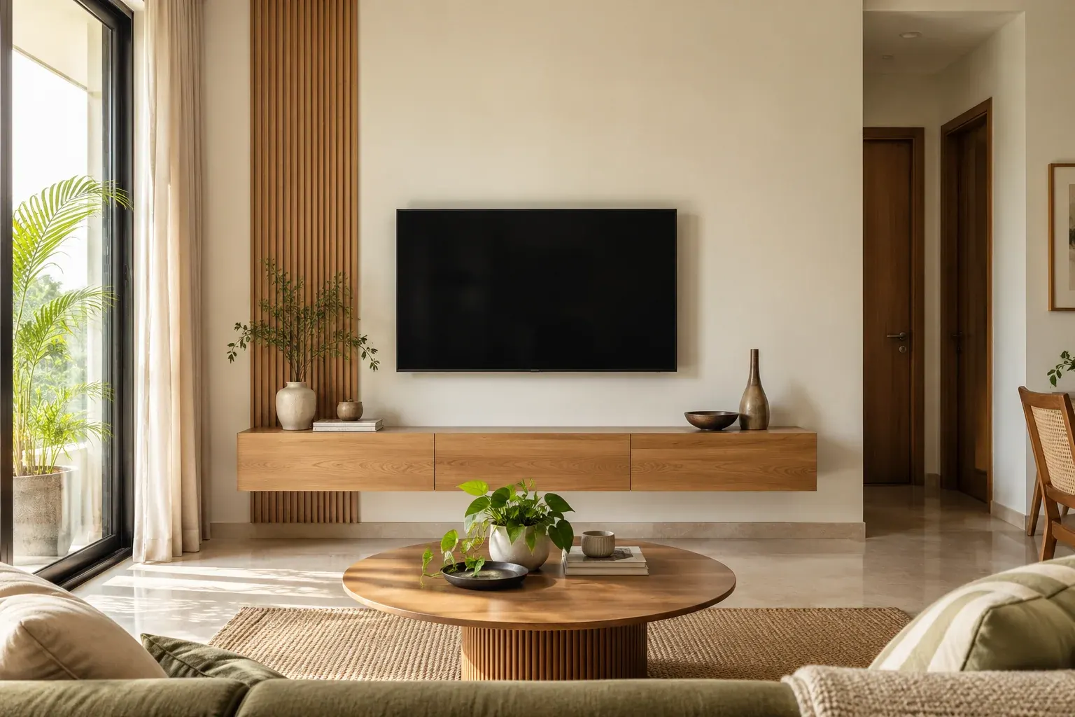 A simple TV wall with a floating oak console and restrained timber panelling