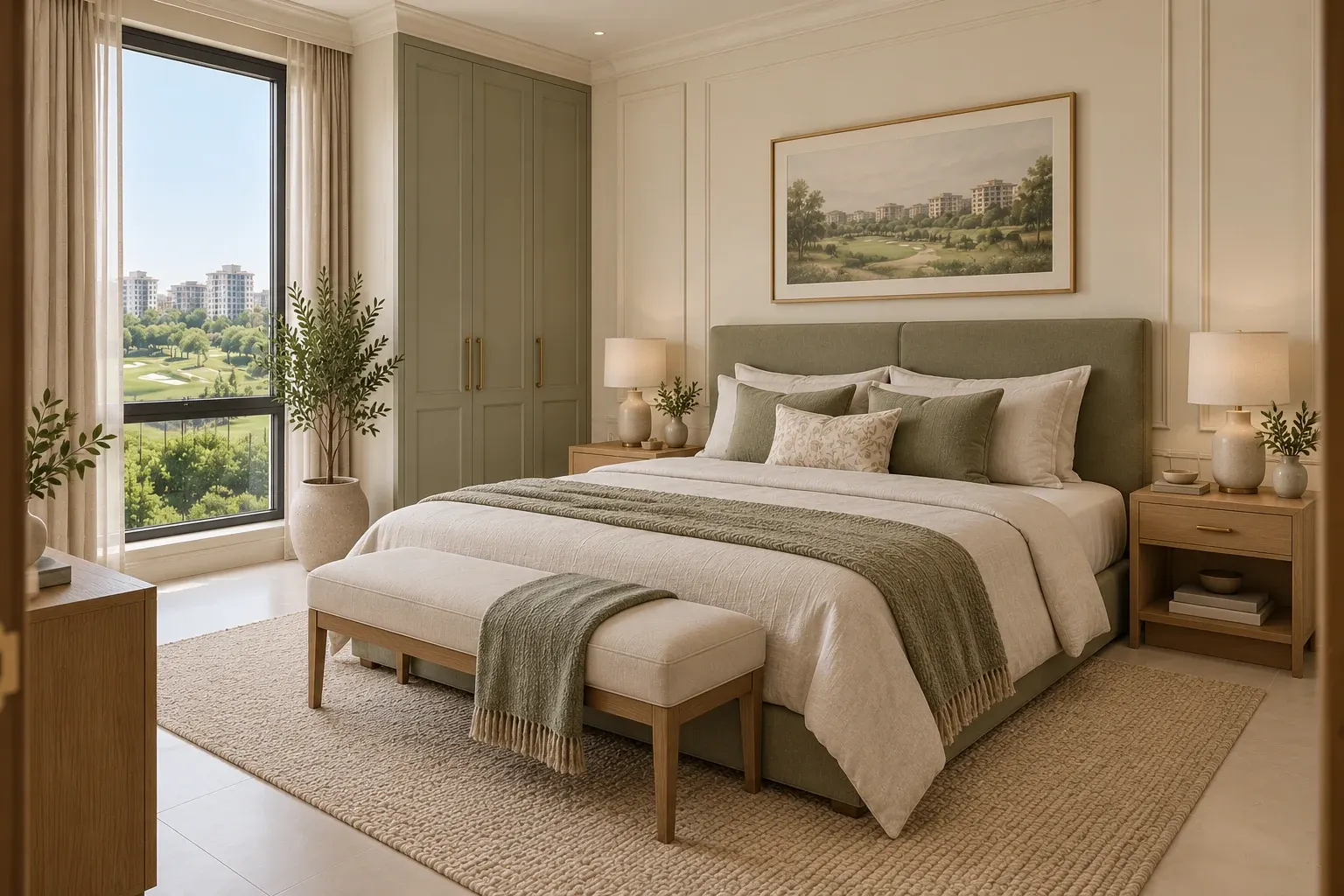 Modern Classic bedroom with ivory wall mouldings, sage accents and light oak