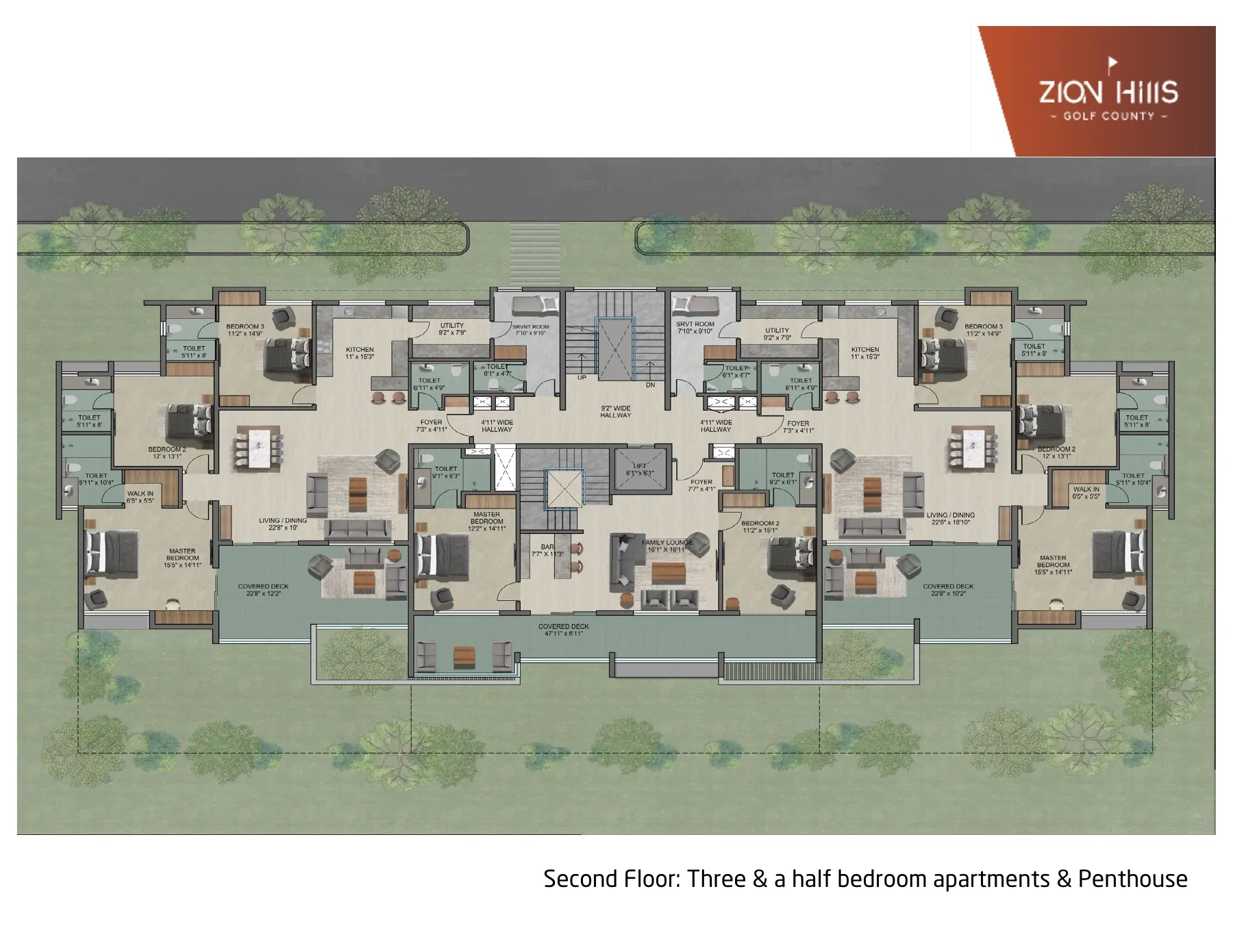 3.5BHK Condo, Second floor floor plan. The 3.5BHK homes are on the left and right of this second-floor plan. The central home belongs to the duplex penthouse and is not part of this configuration.