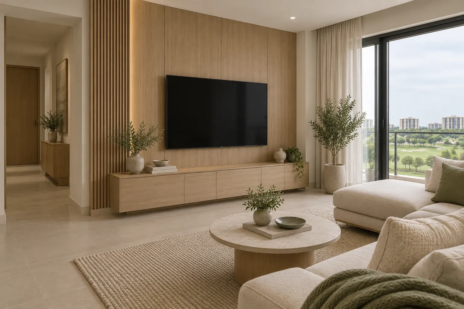 Modern Contemporary TV wall with light oak storage and pale stone-toned surfaces