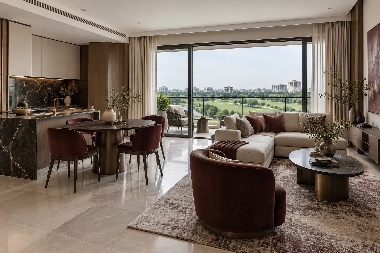 Burgundy & Onyx palette illustrated across a Modern Luxury living, dining and kitchen interior